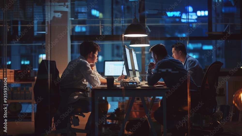 A trio of colleagues work late into the night at a city office, illuminated by the glow of their screens, portraying dedication and teamwork. A trio of colleagues work late into the night at a city office, illuminated by the glow of their screens, portraying dedication and teamwork.