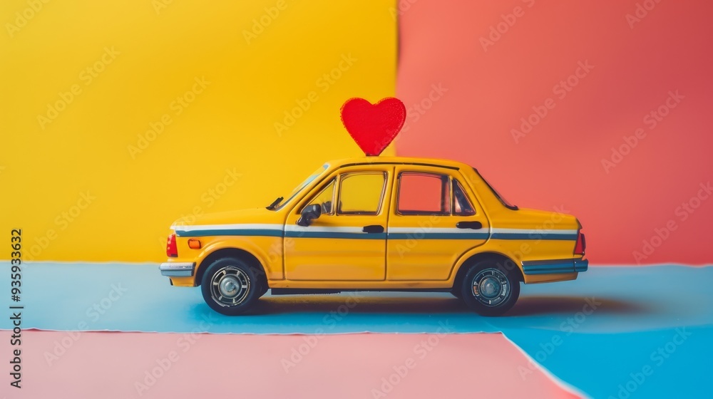 A toy car with a red heart on its roof, set against a vibrant two-toned orange and yellow background, exuding warmth and love. A toy car with a red heart on its roof, set against a vibrant two-toned orange and yellow background, exuding warmth and love.