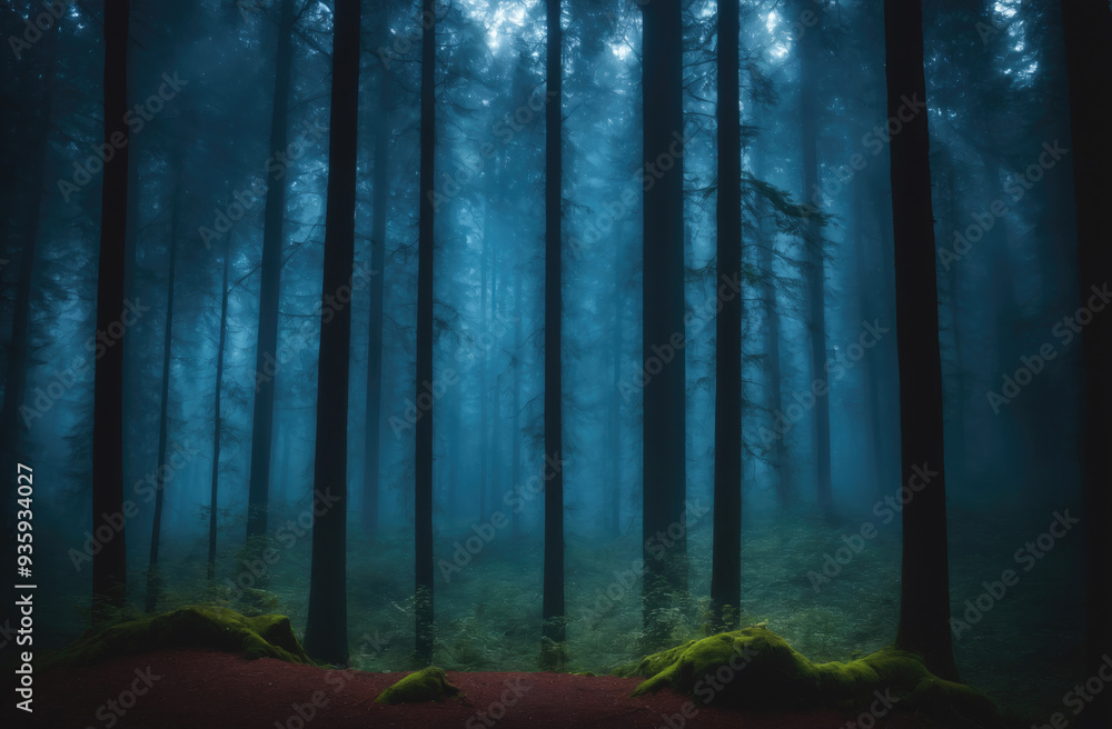 Fototapeta premium A foggy forest in the early morning, with the sunlight just starting to break through the trees