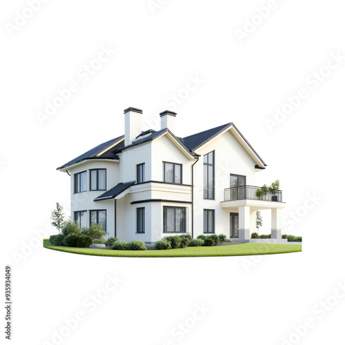 Modern White Two-Story House with Balcony and Green Lawn