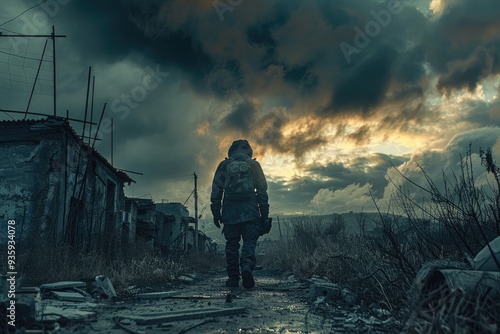 Man Walking on Path Under Dark Cloudy Sky Fallout Art