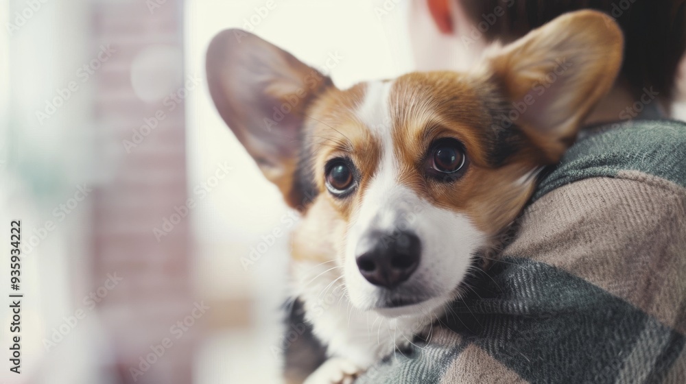 A cute, alert corgi is cuddled in the arms of its owner, looking directly at the camera with wide, expressive eyes, creating a heartwarming moment. A cute, alert corgi is cuddled in the arms of its owner, looking directly at the camera with wide, expressive eyes, creating a heartwarming moment.