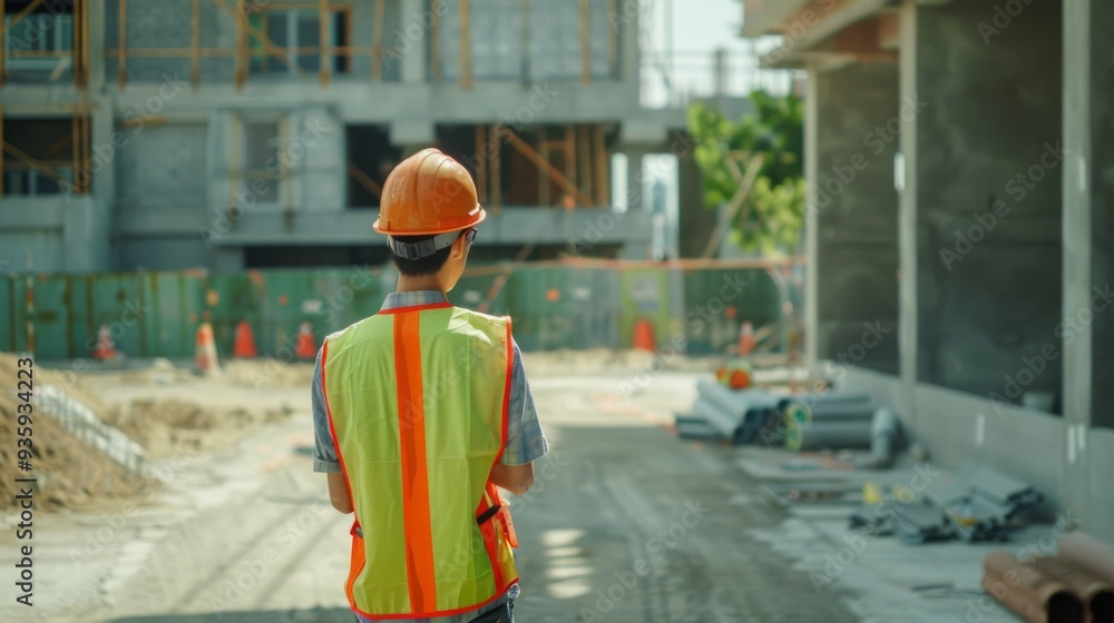 Rear view of a construction worker wearing an orange helmet and neon vest, observing a building site with an unfinished structure in the background. Rear view of a construction worker wearing an orange helmet and neon vest, observing a building site with an unfinished structure in the background.
