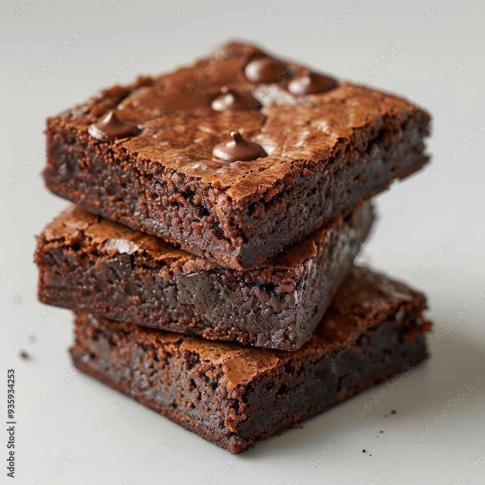 Three stacked chocolate brownies with a rich, fudgy texture and topped with chocolate chips. Three stacked chocolate brownies with a rich, fudgy texture and topped with chocolate chips.