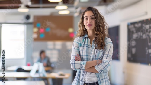 Young female tutor in school classroom. Teacher at school.