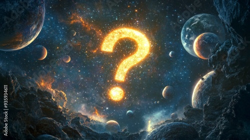 Fototapeta Naklejka Na Ścianę i Meble -  A cosmic exploration awaits in this stunning space scene filled with vibrant galaxies and mysterious planets. The glowing question mark sparks curiosity. Bold and imaginative design. AI