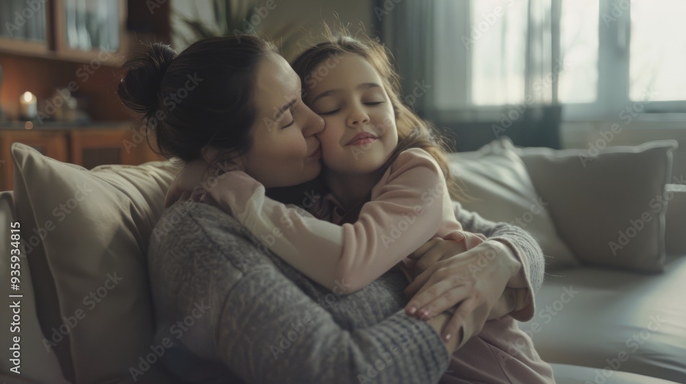 A mother and daughter share a tender hug and kiss while sitting comfortably on a sofa in a warmly lit living room. A mother and daughter share a tender hug and kiss while sitting comfortably on a sofa in a warmly lit living room.