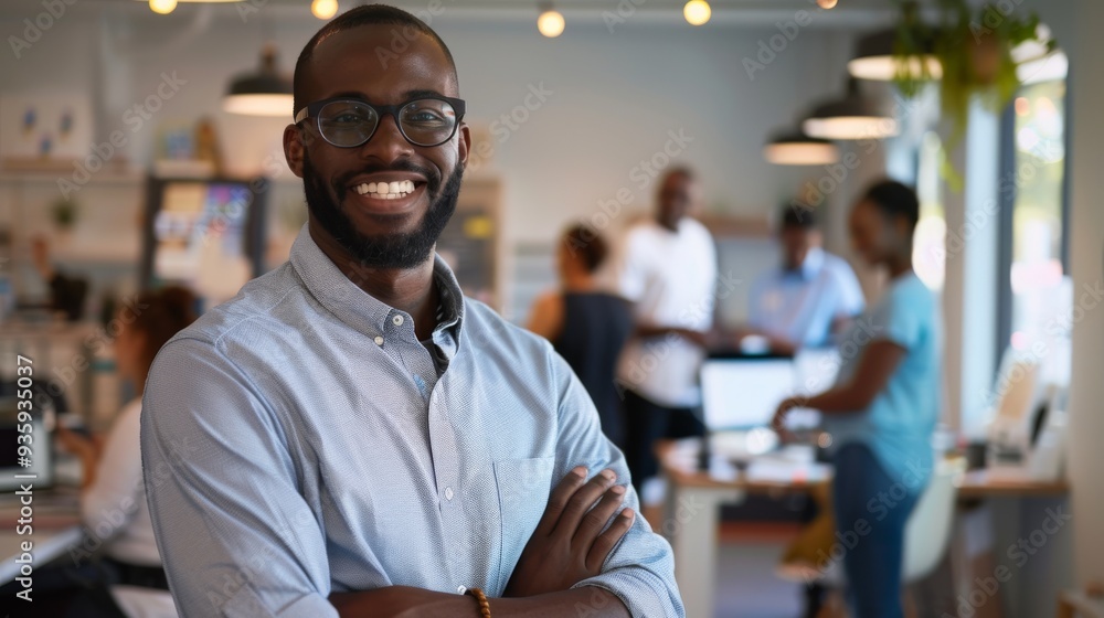 A man stands confidently in a vibrant, collaborative office space, radiating professionalism and approachability with his warm smile and modern work environment. A man stands confidently in a vibrant, collaborative office space, radiating professionalism and approachability with his warm smile and modern work environment.