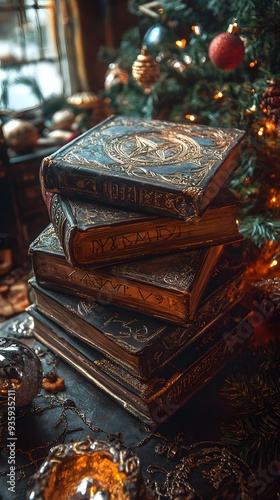 ancient magic christmas books with cryptic writings for a background photo