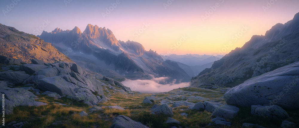 A serene mountain landscape at sunrise, with mist rising from the valleys and the first light illuminating the peaks. A serene mountain landscape at sunrise, with mist rising from the valleys and the first light illuminating the peaks.