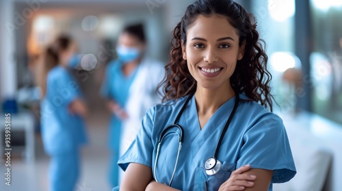 Portrait of a young beautiful female doctor. A nurse in a hospital. Medical worker.