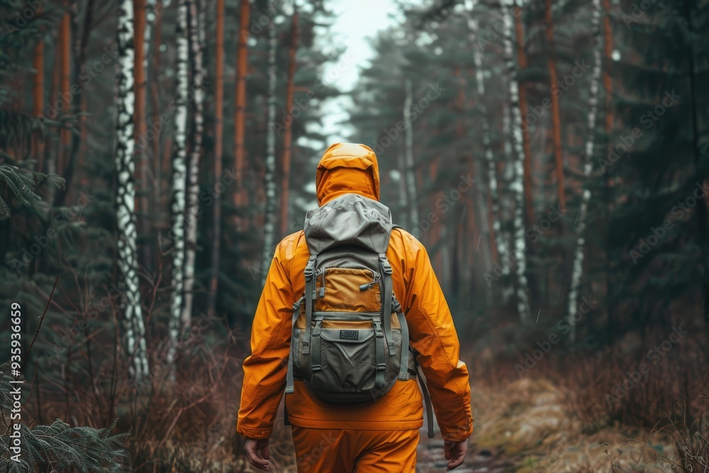 Man in Orange Suit Hiking Through Forest with Backpack Man in Orange Suit Hiking Through Forest with Backpack