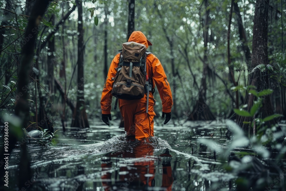 Man in Orange Suit Venturing Through Mystical Swamp Adventure Man in Orange Suit Venturing Through Mystical Swamp Adventure