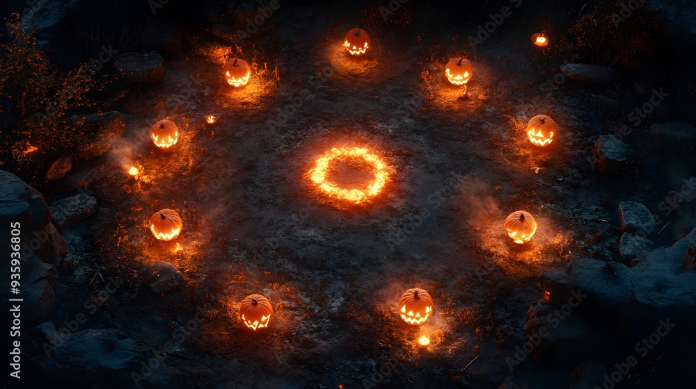illustration, Aerial shot of a mystical Halloween ritual circle, with glowing orange runes, flickering candles illustration, Aerial shot of a mystical Halloween ritual circle, with glowing orange runes, flickering candles