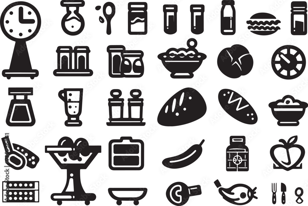 A straightforward vector icon set with a food scale, meal plan, food groups, and daily vitamins A straightforward vector icon set with a food scale, meal plan, food groups, and daily vitamins