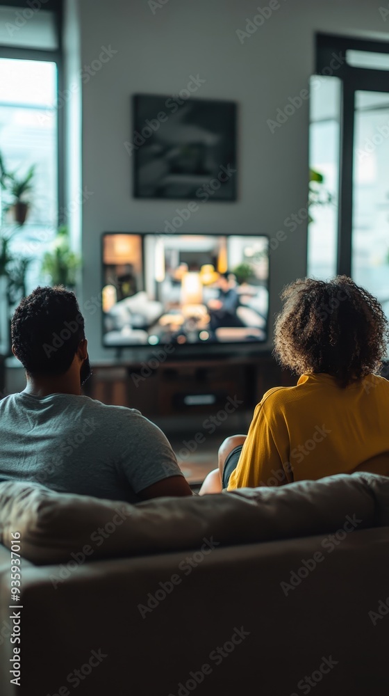 A couple relaxes on their comfortable couch, engaged in a movie while surrounded by plants in their inviting living room A couple relaxes on their comfortable couch, engaged in a movie while surrounded by plants in their inviting living room