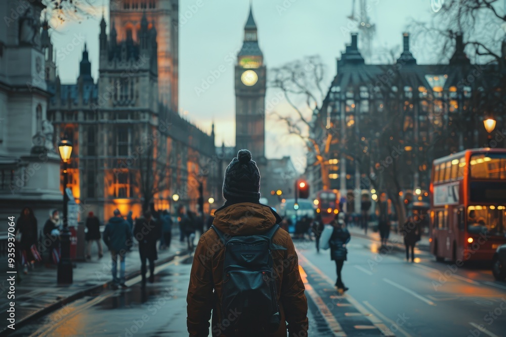 Obraz premium Man Walking in London City Background with Detailed Hands