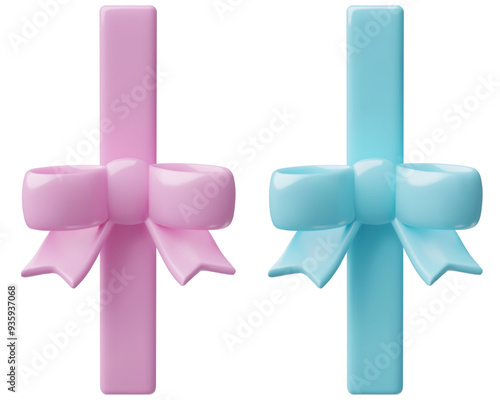 Pink and blue ribbons with bows 3d realistic vector illustrations. Cute baby shower and birthday clip art gift decorations for greeting cards and invitations.