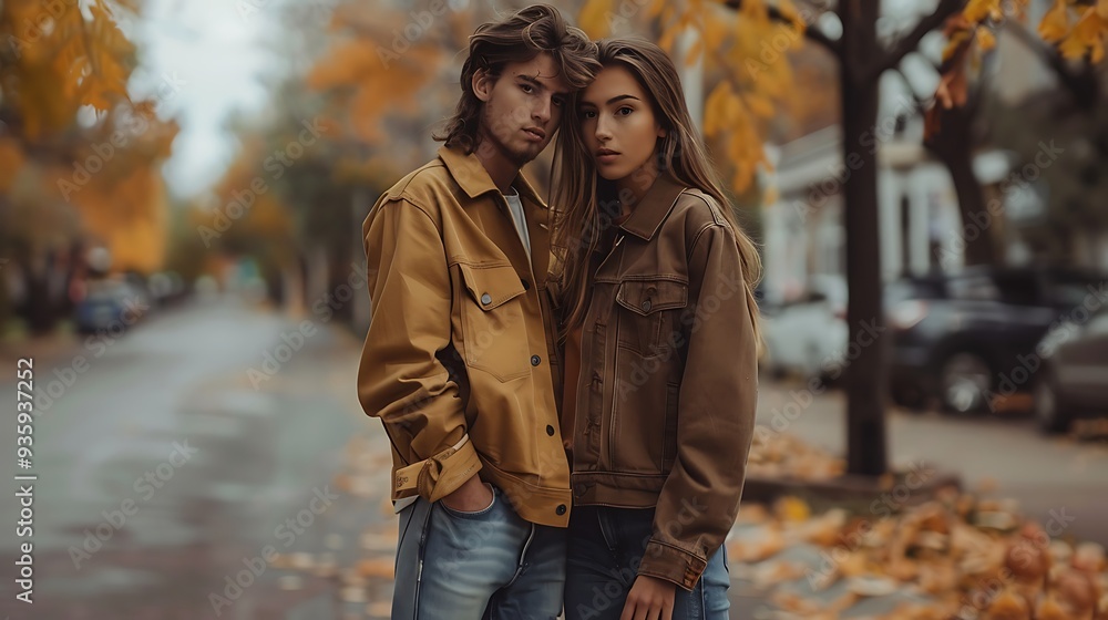 young couple standing in an autumnal street, looking into the camera, showing off their stylish jackets and trendy attire. young couple standing in an autumnal street, looking into the camera, showing off their stylish jackets and trendy attire.