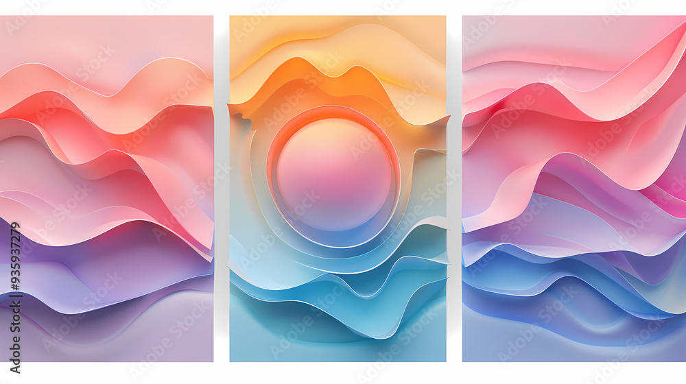 Obraz premium SET Modern poster design with gradient round sphere in the center. Colorful banner design with 3d gradient background