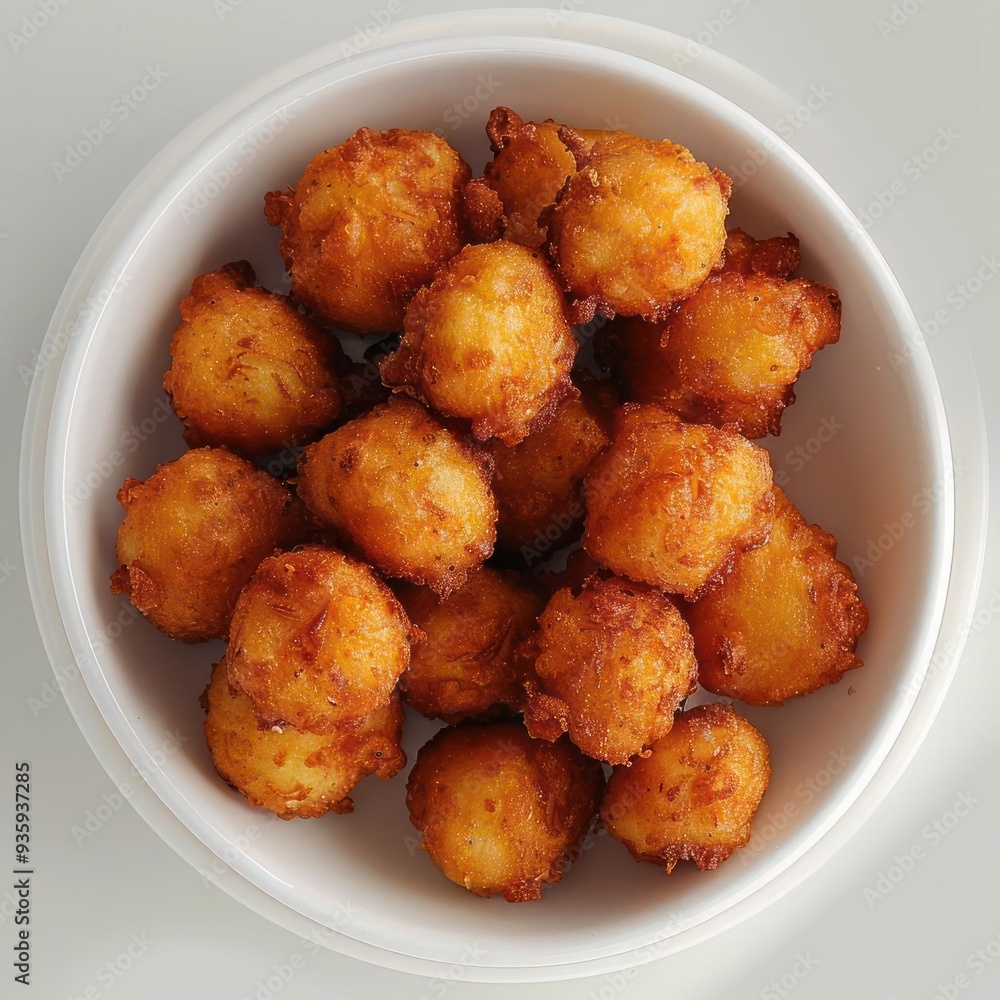 These are crispy fried tater tots served in a white bowl. These are crispy fried tater tots served in a white bowl.
