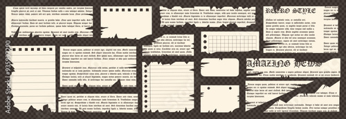 Set of torn newspapers and notebook sheets. A trending newspaper with uneven edges for collages. Cut-out sheets for a notebook in a cage and stripes. Vector.