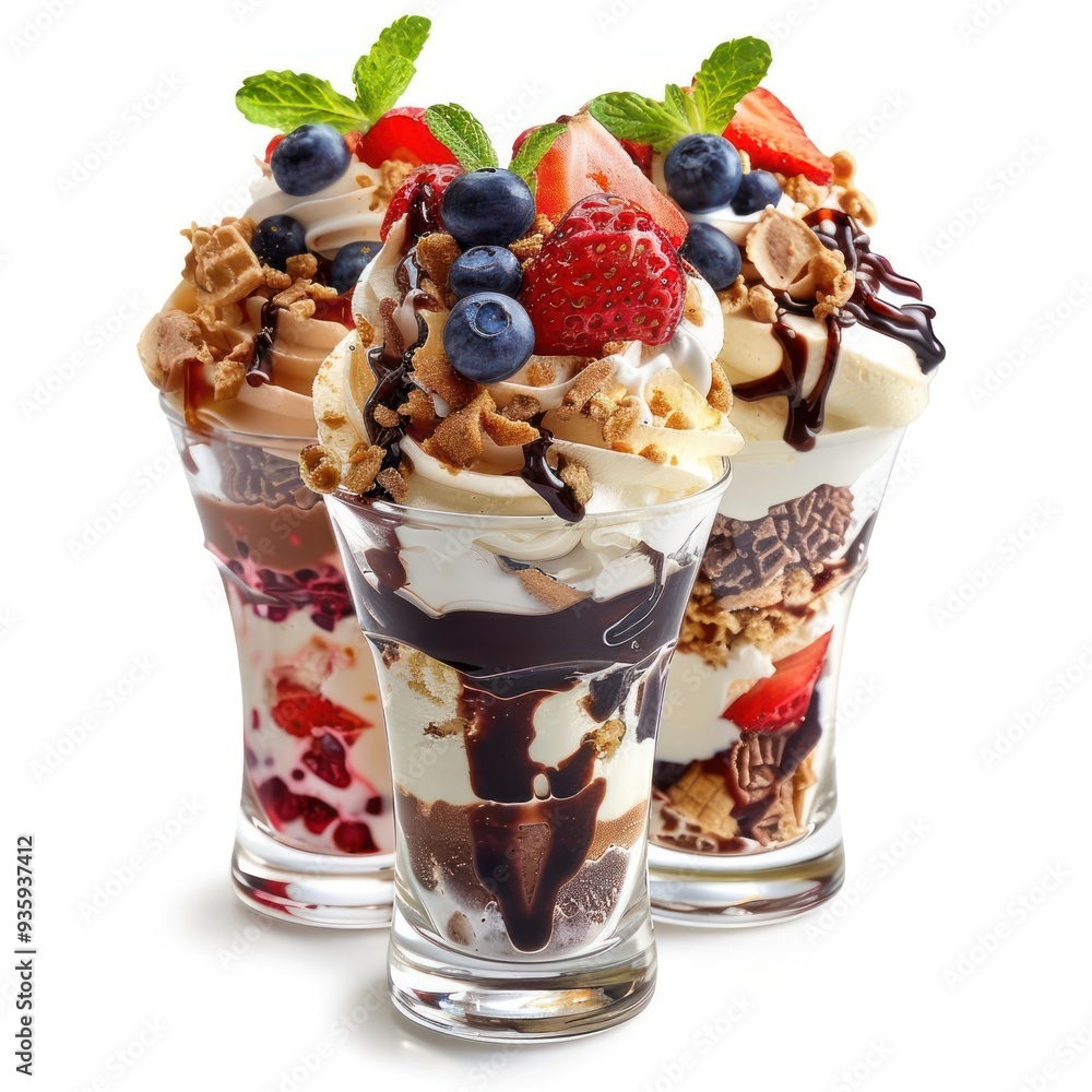 Delicious desserts containing various fruits and toppings in glasses. Delicious desserts containing various fruits and toppings in glasses.