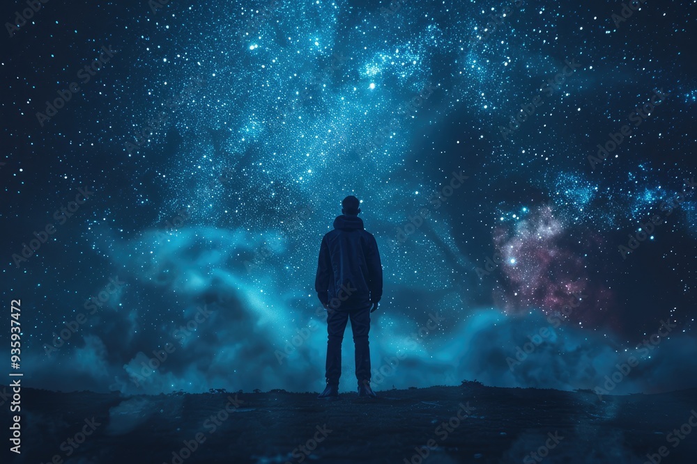 Man Under Starry Sky in SciFi Universe Background Man Under Starry Sky in SciFi Universe Background