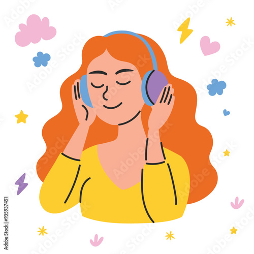 Young woman with headphones listening to music. Vector illustration in flat style.