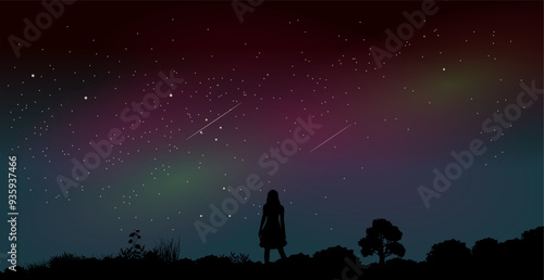 Nachthimmel mit Sternen, Sternschnuppen und Nordli9cht - Silhouette einer jungen Frau in der Weiten Landschaft in der Natur