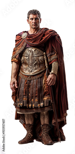 Roman emperor in luxurious attire, with ornate breastplate with eagle design, red cape draped over shoulders. Cutout character isolated over transparent background