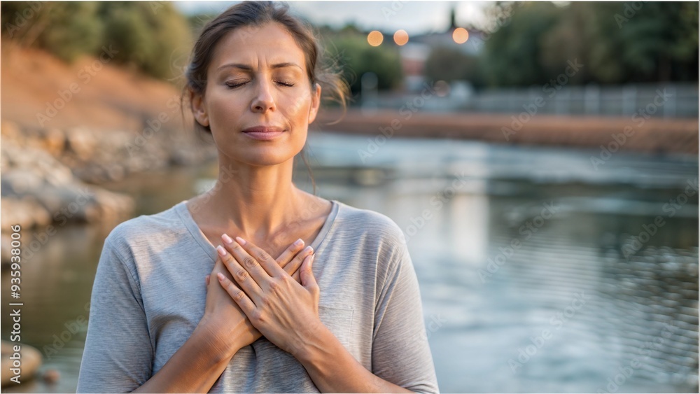 Woman Practicing Gratitude Meditation by Riverside Woman Practicing Gratitude Meditation by Riverside
