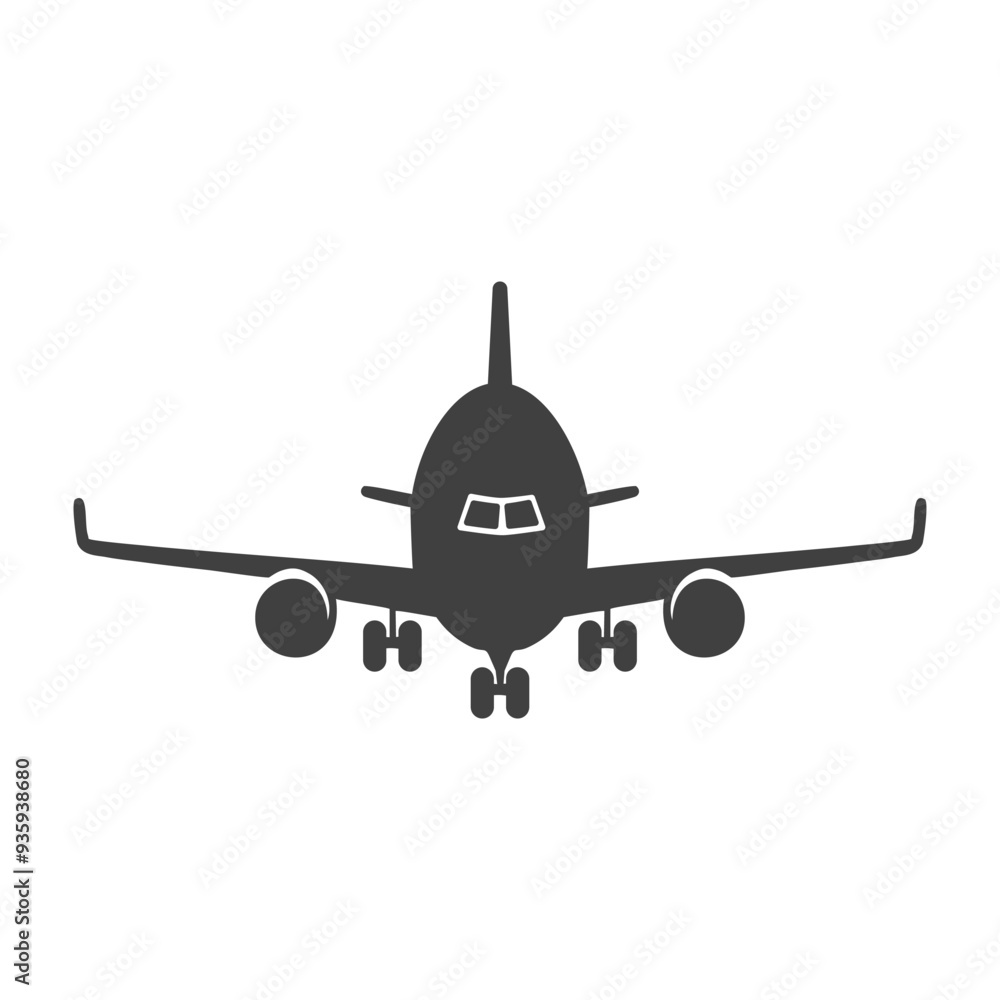 Black Passenger Airplane Silhouette, Front View - Simple Symbol or Icon Design, Isolated on White Background Black Passenger Airplane Silhouette, Front View - Simple Symbol or Icon Design, Isolated on White Background