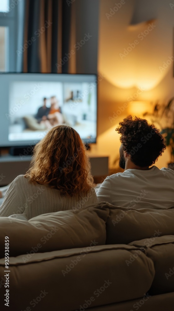 A couple of different backgrounds relaxes side by side on a couch, engaged in their movie night in a warm living space A couple of different backgrounds relaxes side by side on a couch, engaged in their movie night in a warm living space