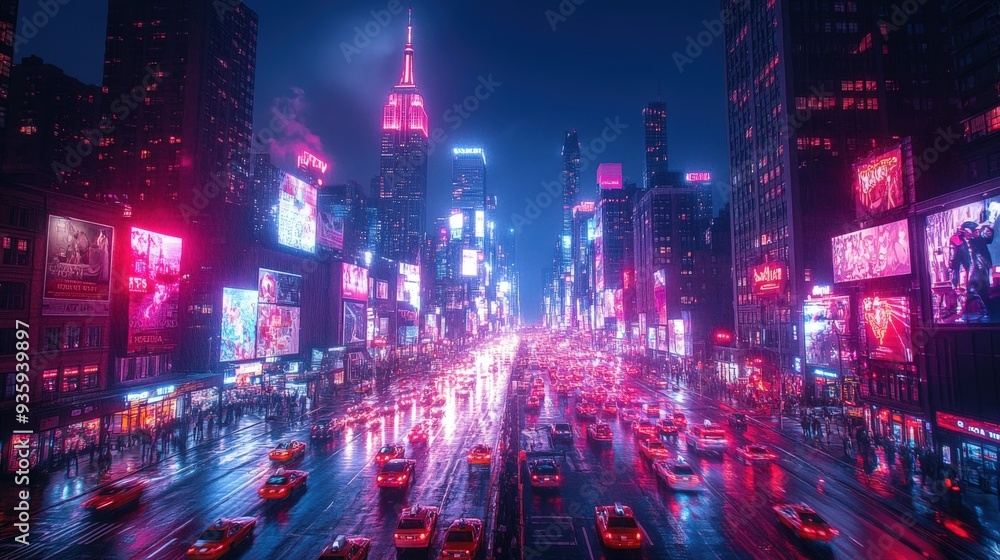 Wide angle night shot from an elevated angle showcasing a bustling cityscape with neon lights, traffic, and skyscrapers. Wide angle night shot from an elevated angle showcasing a bustling cityscape with neon lights, traffic, and skyscrapers.
