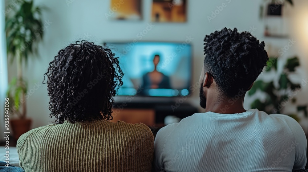 A couple relaxes on a couch together, engaged in watching television in their comfortable living room A couple relaxes on a couch together, engaged in watching television in their comfortable living room
