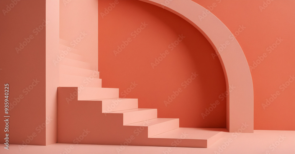 Modern living room , pastel colored walls, stairs to the second floor. A combination of dusty pink and shades of pink Modern living room , pastel colored walls, stairs to the second floor. A combination of dusty pink and shades of pink