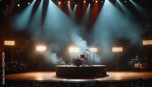 Empty concert stage with illuminated spotlights and smoke. Stage background with copy space