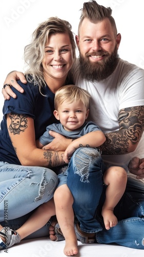 A happy family is enjoying a joyful moment together as parents embrace their smiling child. They are seated comfortably, radiating love and warmth in a cozy setting photo