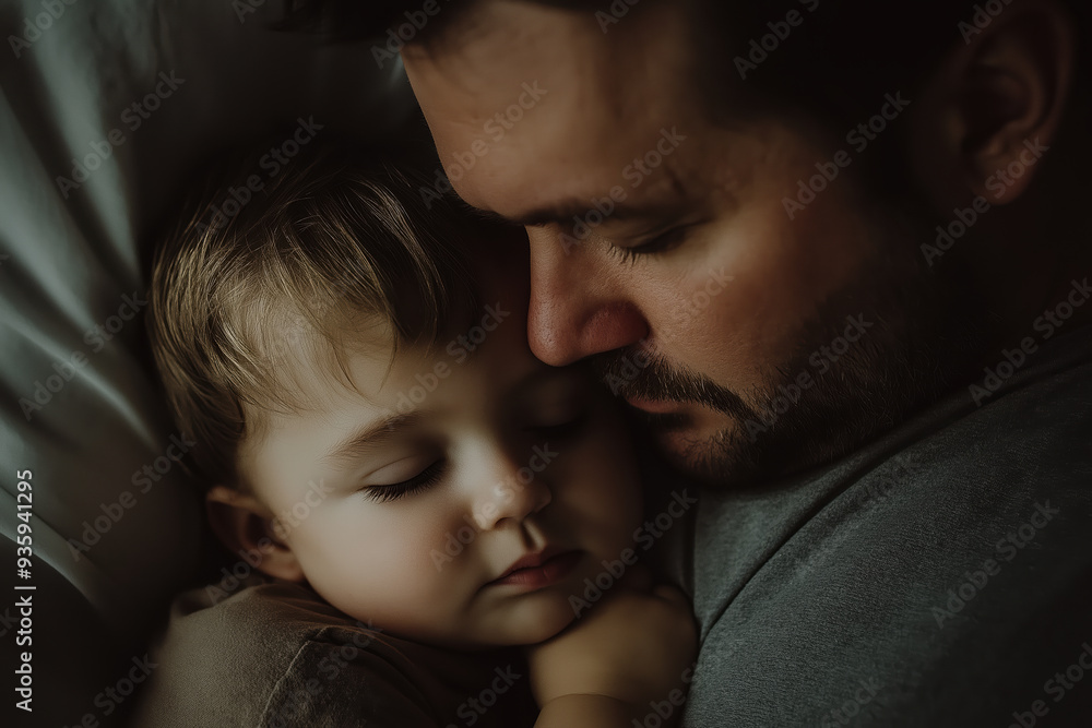 Tender Father and Child Embrace During Sleep in Cozy Atmosphere Tender Father and Child Embrace During Sleep in Cozy Atmosphere
