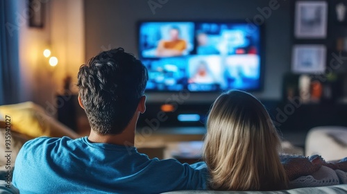 A couple relaxes on their couch, watching multiple shows on a large screen in their stylish living room during a quiet evening