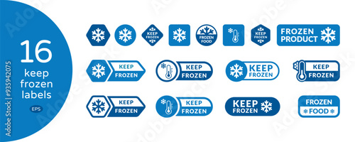 Keep Frozen Label Set with Cold Temperature on Blue Thermometer and Snowflake Icon Vector Illustration on White Background. Cold Weather Flat Sign Collection. Storage in refrigerator and freezer.