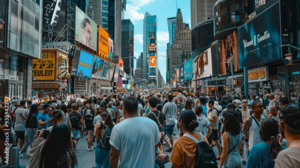 Obraz premium A large crowd moves through a busy city area, surrounded by towering skyscrapers and bright advertising displays, enjoying a sunny day filled with activity