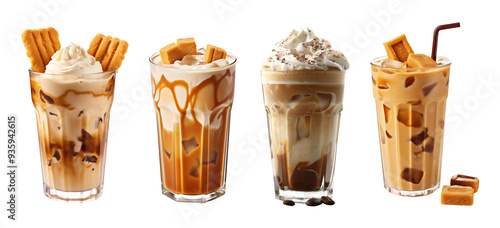 Set of iced coffee caramel macchiato isolated on transparent background.