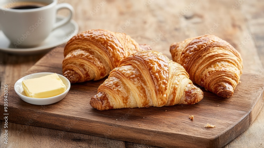 Freshly baked croissants resting on wooden cutting board Freshly baked croissants resting on wooden cutting board