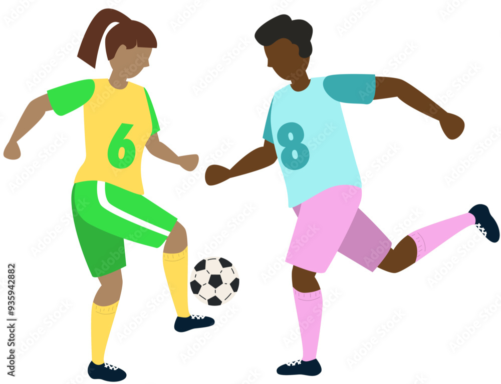 Soccer players kicking ball character girl and black boy, flat cartoon vector illustration isolated on white background. Soccer or football game players collection. Soccer players kicking ball character girl and black boy, flat cartoon vector illustration isolated on white background. Soccer or football game players collection.