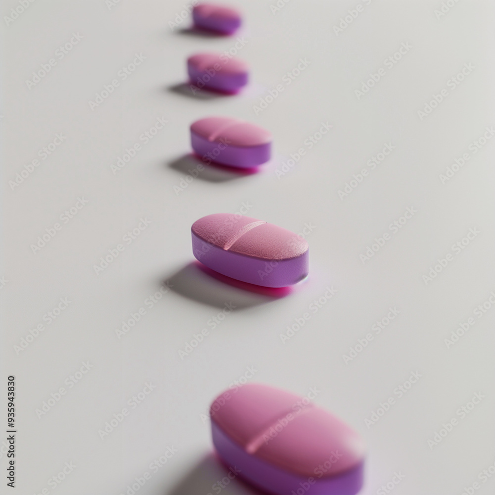 Close-Up of Light Purple and Pink Pills in a Straight Line Close-Up of Light Purple and Pink Pills in a Straight Line