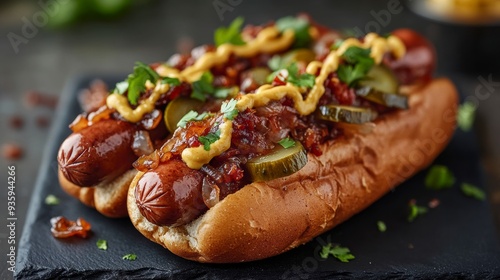 Two gourmet hot dogs sitting on a dark surface