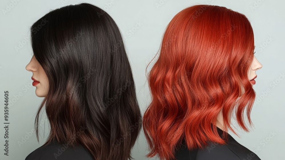 Two mannequins display contrasting hairstyles, one with sleek dark hair and the other with vibrant red waves.