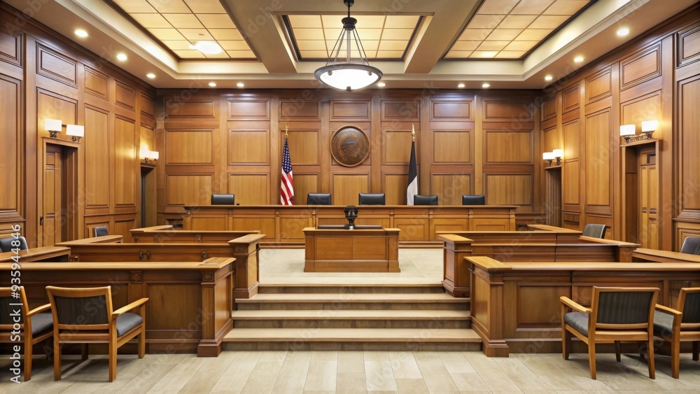 An empty courtroom with wooden benches and a judge's bench , Law, legal, justice, court, tribunal, judge, justice system An empty courtroom with wooden benches and a judge's bench , Law, legal, justice, court, tribunal, judge, justice system